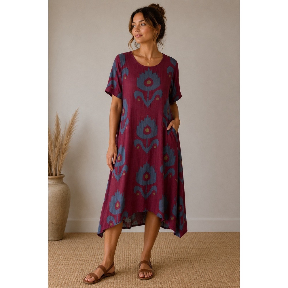 Utsa Dress Large Red Short Sleeve Hi Low Boho Floral Viscose